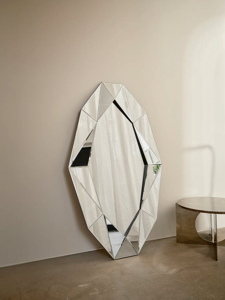Diamond XL Mirror in silver by Reflections Copenhagen, full-bodied with Art Deco inspiration for a striking visual statement.