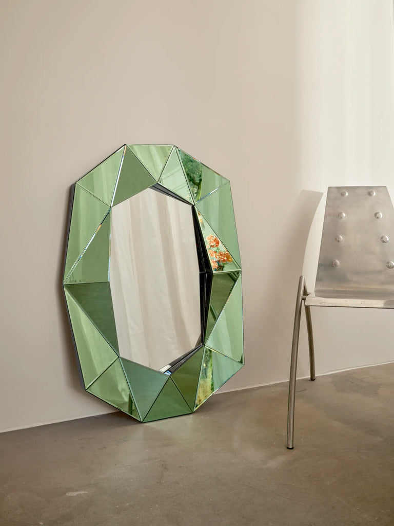 Large Diamond Emerald Mirror by Reflections Copenhagen, Art Deco style with green diamond wedges for a gemlike feel.