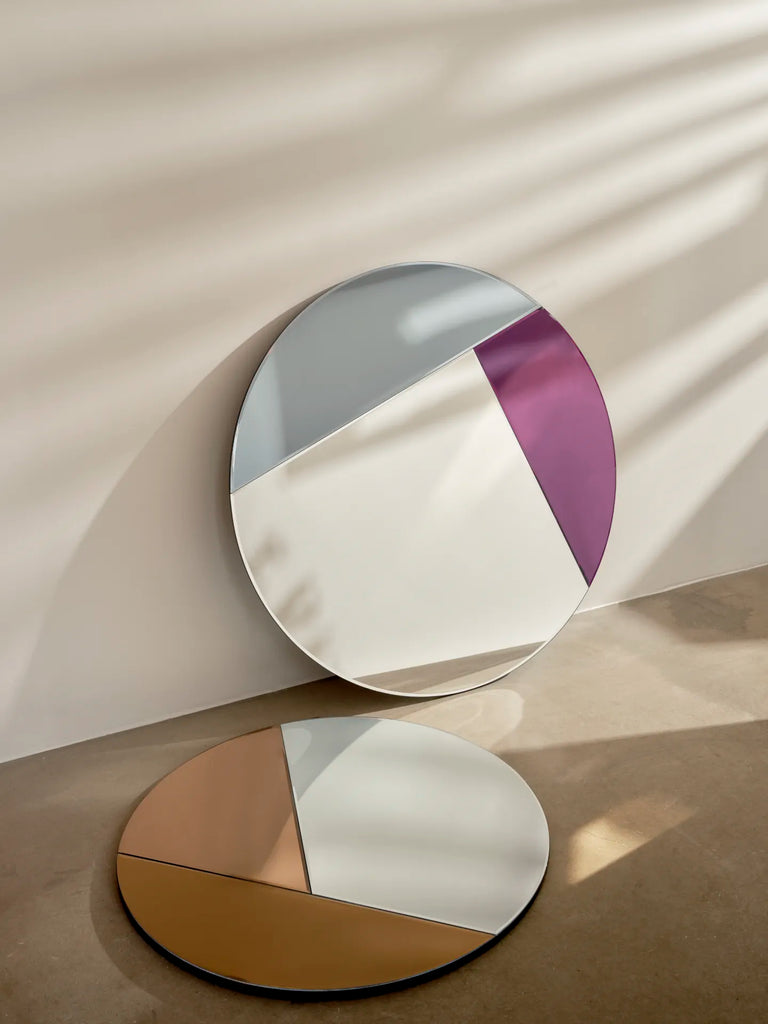 Reflections Copenhagen Nouveau 90 and 70 Mirrors, geometric design with bold purple and bronze segments.